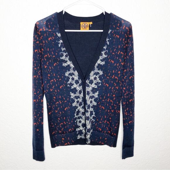 Tory Burch navy orange white graphic print wool cardigan size Medium - flawed - Picture 1 of 14